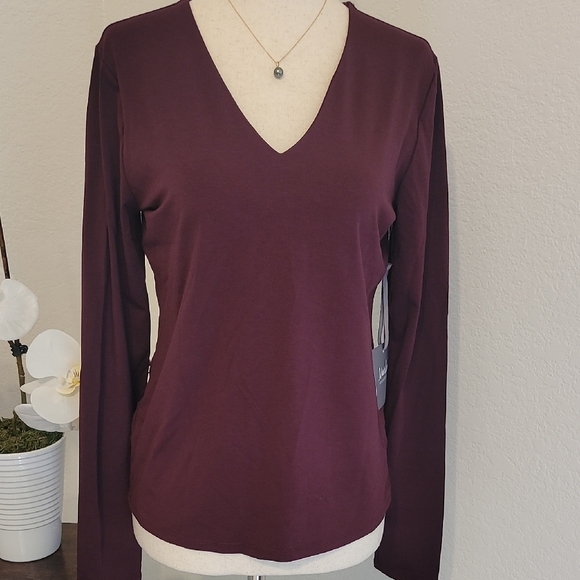 Marled Tops - Marled Merlot Fitted Long Sleeve Blouse